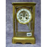 A Late XIX century Lacquered Brass Cased Four Glass Mantel Clock, with mercury pendulum, the dial
