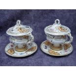 A Pair of Rockingham Porcelain Sauce Treens, Covers and Stands, each with two intertwined branch