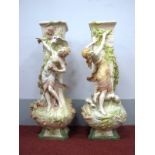 A Pair of Royal Dux Style Large Vases, each moulded in relief with a lady, one with foliage and a