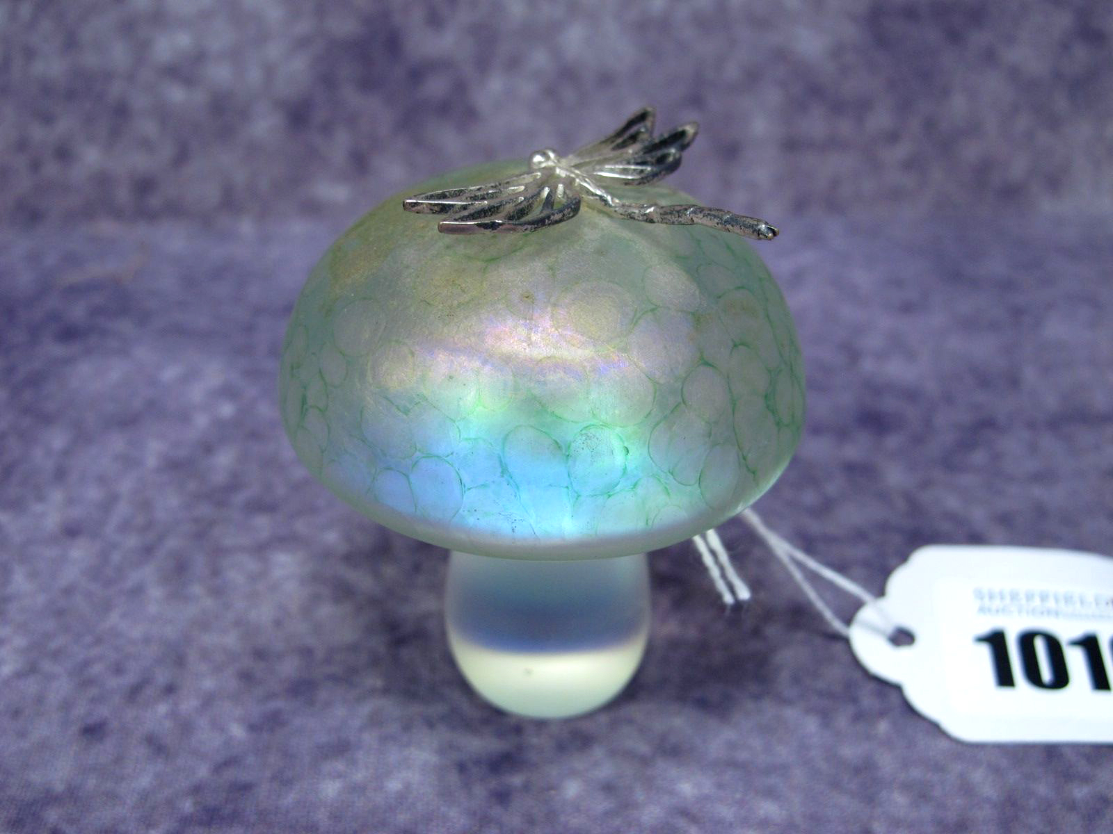 A Glasform by John Ditchfield Purple Iridescent Glass Toadstool, mounted with a hallmarked silver