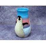 A Dennis China Works Tear Drop Pottery Vase, designed by Sally Tuffin, tubelined with penguins and