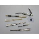 Hallmarked Silver and Mother of Pearl Folding Fruit Knives, a mother of pearl handled button hook, a