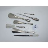 Hallmarked Silver Handled and Other Shoe Horns, a mother of pearl handled letter opener, two