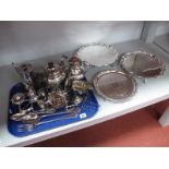 Assorted Plated Ware, including salvers, tea wares, sauce boat, three piece cruet set, ashtray,