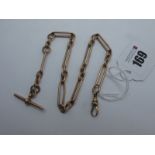 A 9ct Rose Gold Albert Chain, to single swivel style clasp, suspending T-bar, 34.5cm long (overall