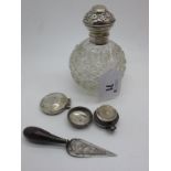 A Hallmarked Silver Mounted Globular Glass Scent Bottle, together eith a hallmarked silver sovereign