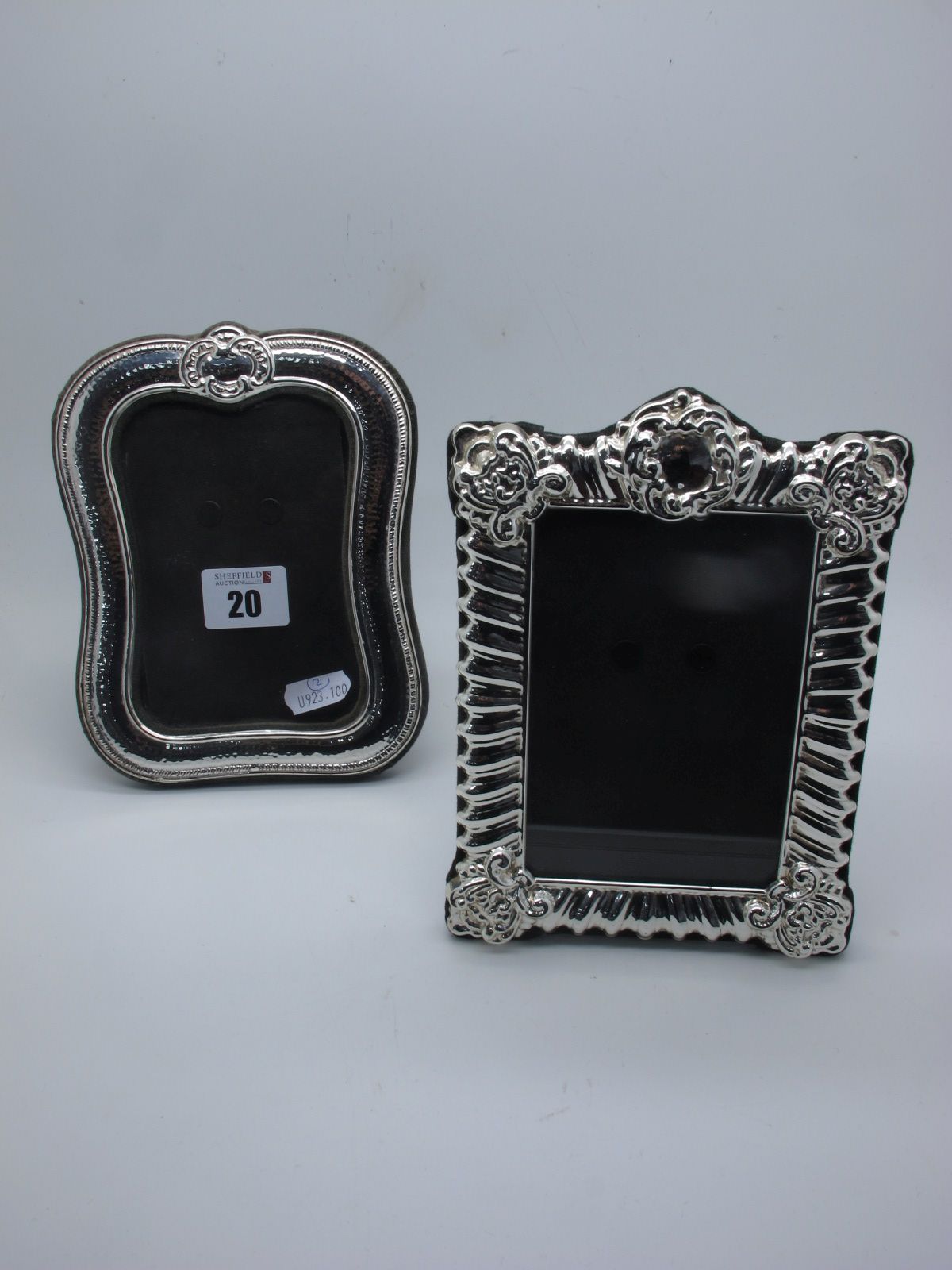 Two Decorative Antique Style Photograph Frames, each on plush easel back, overall heights 16.5cm and