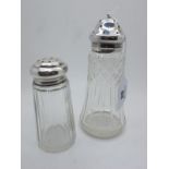 A Hallmarked Silver Topped Glass Sugar Shaker, (marks rubbed) 18.5cm high; Together with A Smaller
