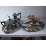 A Plated Four Piece Tea Set, oval plated trays, decanter labels, caddy, comport, crumb scoop etc.