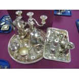 Assorted Plated Ware, including four piece tea set, wine bottle collars, twin branch candelabrum,