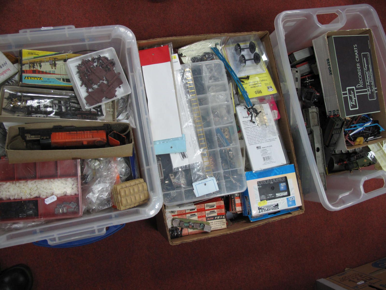 Three Boxes, Contents of a 'OO' Gauge/'HO' Gauge Modelers Workshop, motors, electrical components,
