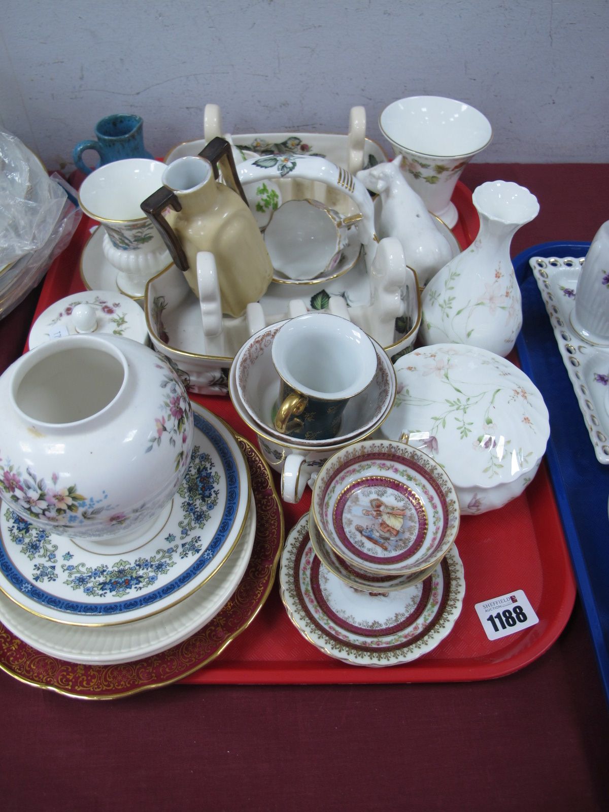 Hammersley Strawberry Jam Tray, Robertson's jam toast rack, Wedgwood vase, etc:- One Tray.