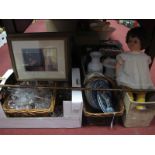 Baskets, glassware, plates, doll, Shepherds crook, pictures.