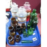 Vintage Clear Glass Pharmacy Bottles, green glass poison bottles, Bovril bottles:- One Box.