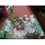 Two Decanter Sets, French gilded brass rococo style mantle clock, silver plated candelabra, glasses,