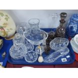 Decanter, glasses, cut glass jar-cover, bowl, ring tree, etc:- One Tray.