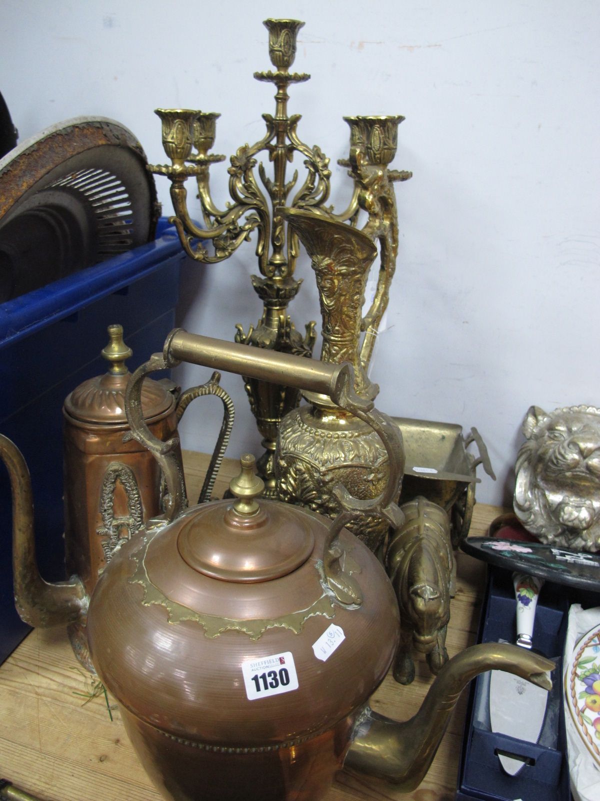 A Copper Kettle and Hot Water Jug, brass candelabra, ewer, and horse with cart. (5)