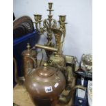 A Copper Kettle and Hot Water Jug, brass candelabra, ewer, and horse with cart. (5)