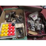 Oak Candlesticks, trivet, flat iron,pool balls, etc:- One Box. Bell & Howell projector.