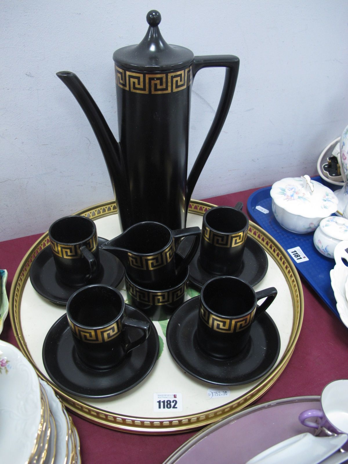 Portmeirion "Greek Key" Pattern Coffee Service, together with coffee cans - saucers etc, on a plated