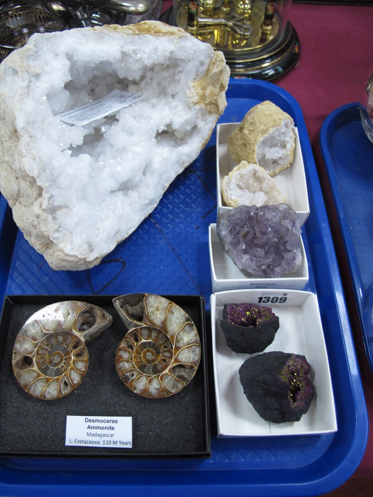 Quartz Crystal Geode Plus Two Smaller Geodes, two coloured Quartz Geodes and an amethyst rock,