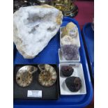 Quartz Crystal Geode Plus Two Smaller Geodes, two coloured Quartz Geodes and an amethyst rock,