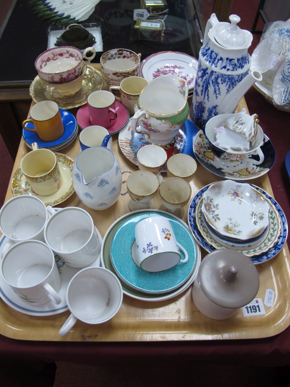 Blue-White Coffee Pot, Susie Cooper coffee cups, egg cups, etc:- One Tray.