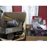 Vintage Tools, an Early XX Century Tin Gramophone Horn, letter scale, boxed boombox, radio, drinking