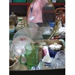 Brass Oval Shaped Dressing Table Mirror, pressed glass bon-bon dish, green glass water jug, etc:-