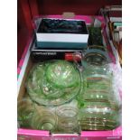 Vintage Glass Ware, water jug, tumblers, green glass fruit bowls, etc:- One Box.