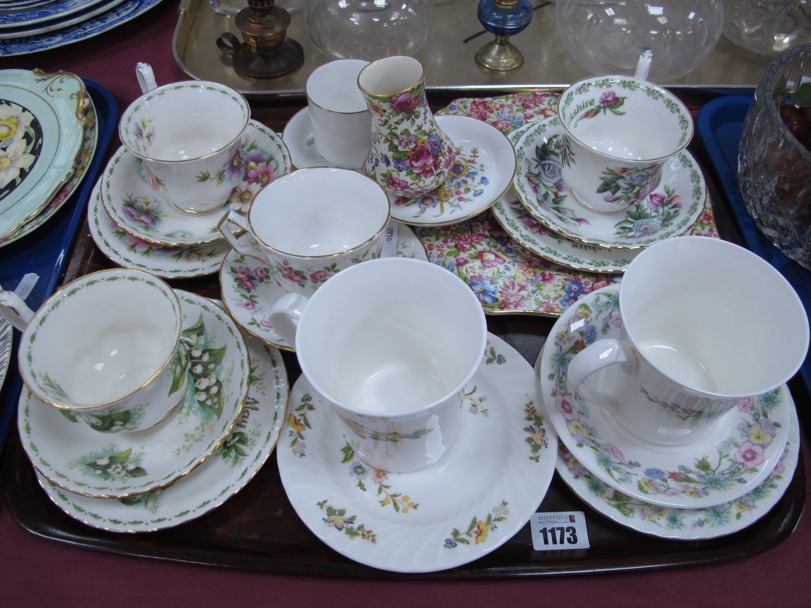 Aoyal Winton Vase, Aynsley mug, plate, cups-saucers trio's:- One Tray