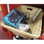 Windsor & Newton Artists Box, onyx lamp, Royal Worcester pin trays (boxed) in a wicker basket.