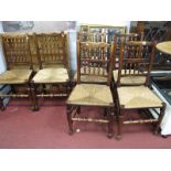 A Set of Six Harlequin Ash-Elm Spindle Back Chairs, with rushed seats, turned centre rails.