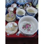 Portmeirion Chamber Pot, Wedgwood 'Willow' jugs, R.S Prussia tea ware, pottery posies:- One Tray.