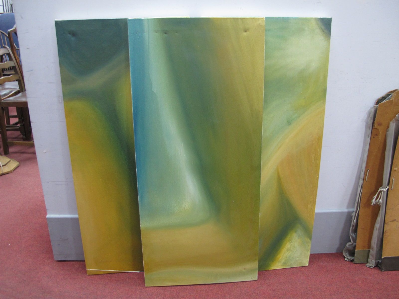 C Moss, Artwork, in green and yellow, oil on canvas, each signed to back, 46 x 101cm. (3)