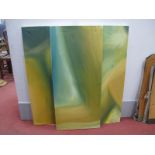 C Moss, Artwork, in green and yellow, oil on canvas, each signed to back, 46 x 101cm. (3)