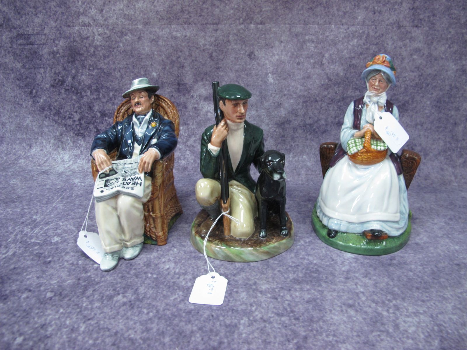 Royal Doulton Figurines, 'Taking Things Easy', 'Rest Awhile', 'The Gamekeeper'. (3)