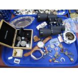 Watches, coinage, costume jewellery, binoculars, pierced dish, etc:- One Tray.