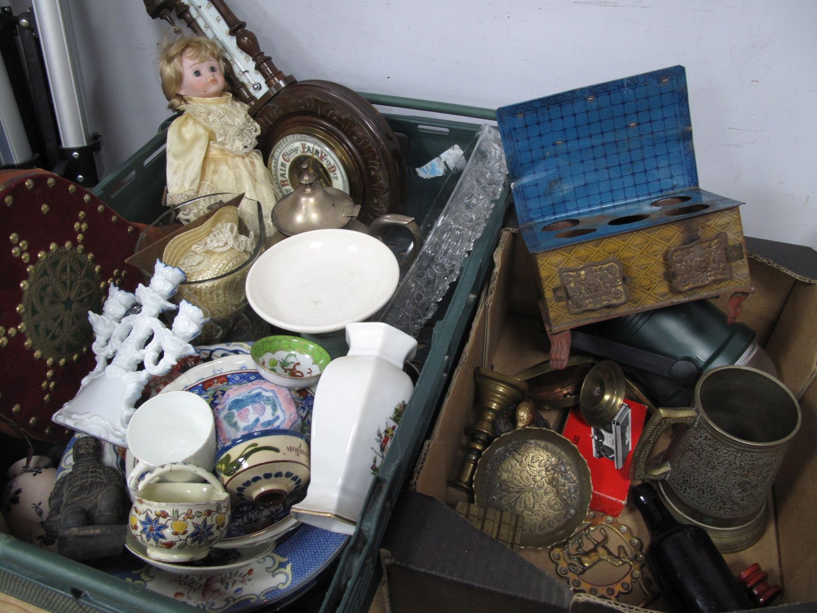 Early XX Century Barometer, bellows, doll, ceramic glass, tin plate egg holder, Tomlinson butter