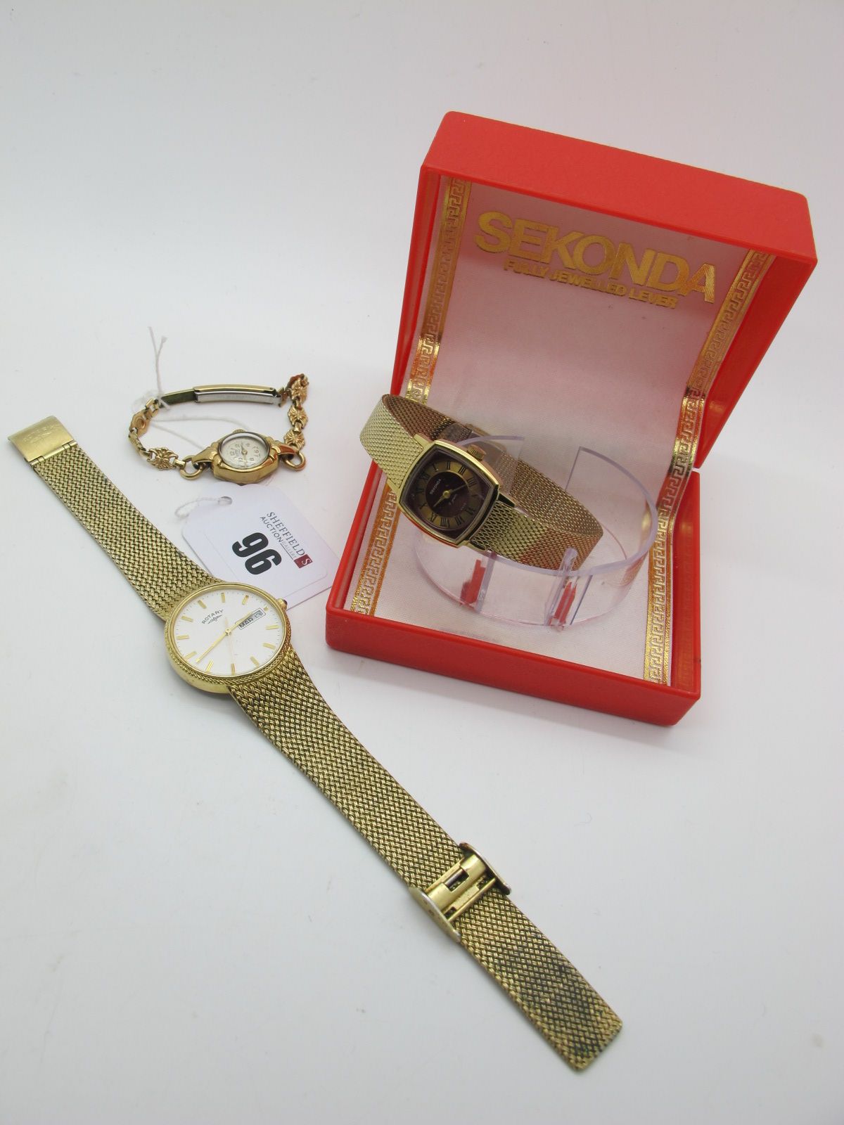 A Roamer 9ct Gold Cased Ladies Wristwatch, on a decorative bracelet; Together with A Sekonda Gold