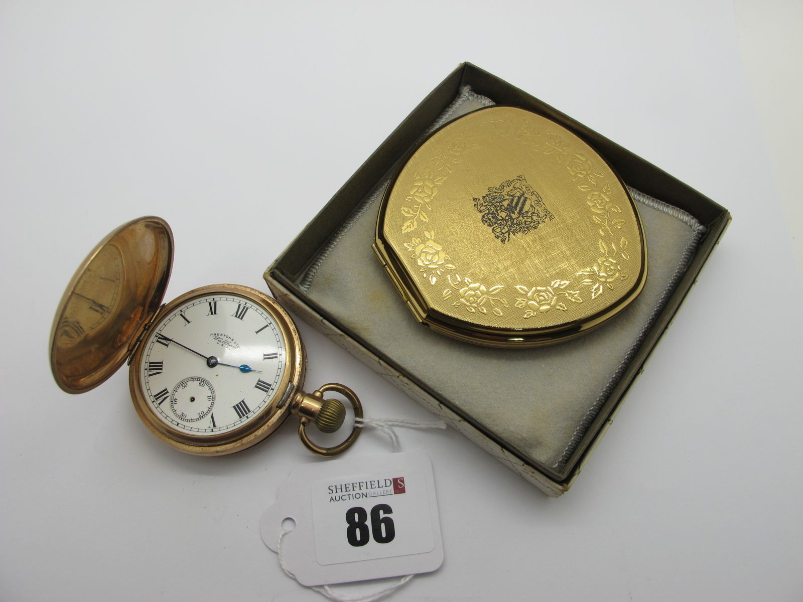 Waltham USA Prestons Ltd; A Gold Plated Cased Hunter Pocketwatch, the signed dial with black Roman