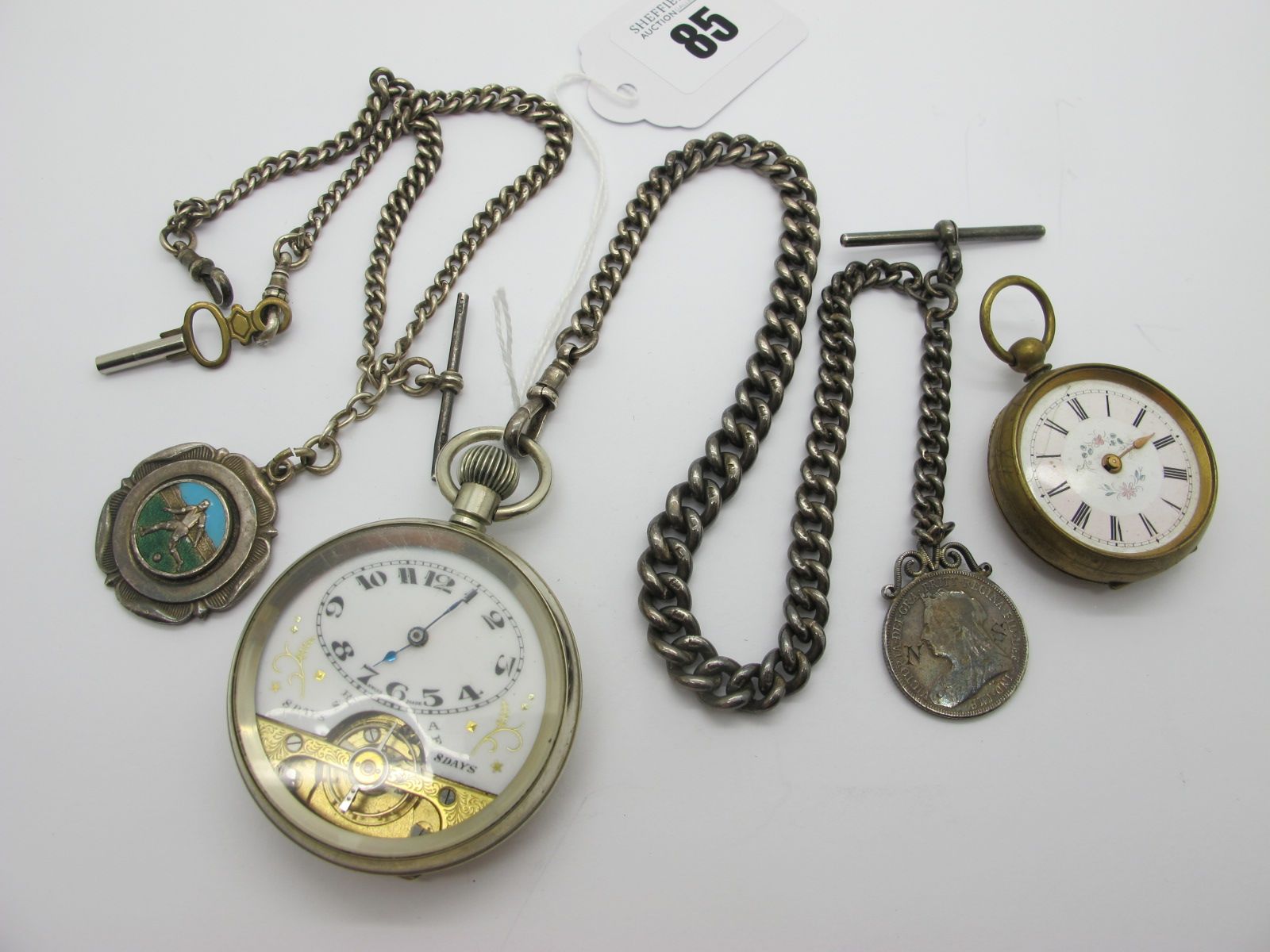 An Openface Pocketwatch, the white enamel '8 Days' dial with part visible movement, within plain