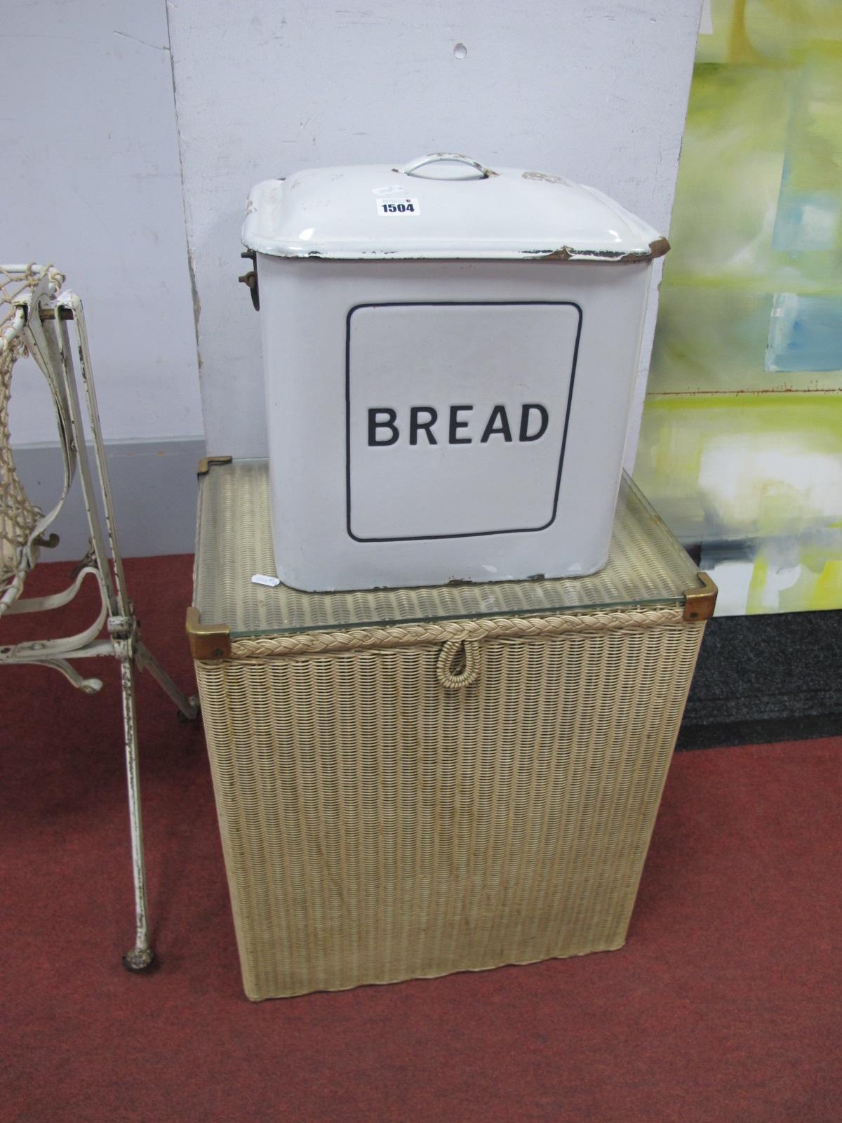 Enamelled Bread Bin, Lloyd Loom Lusty linen box. (2)