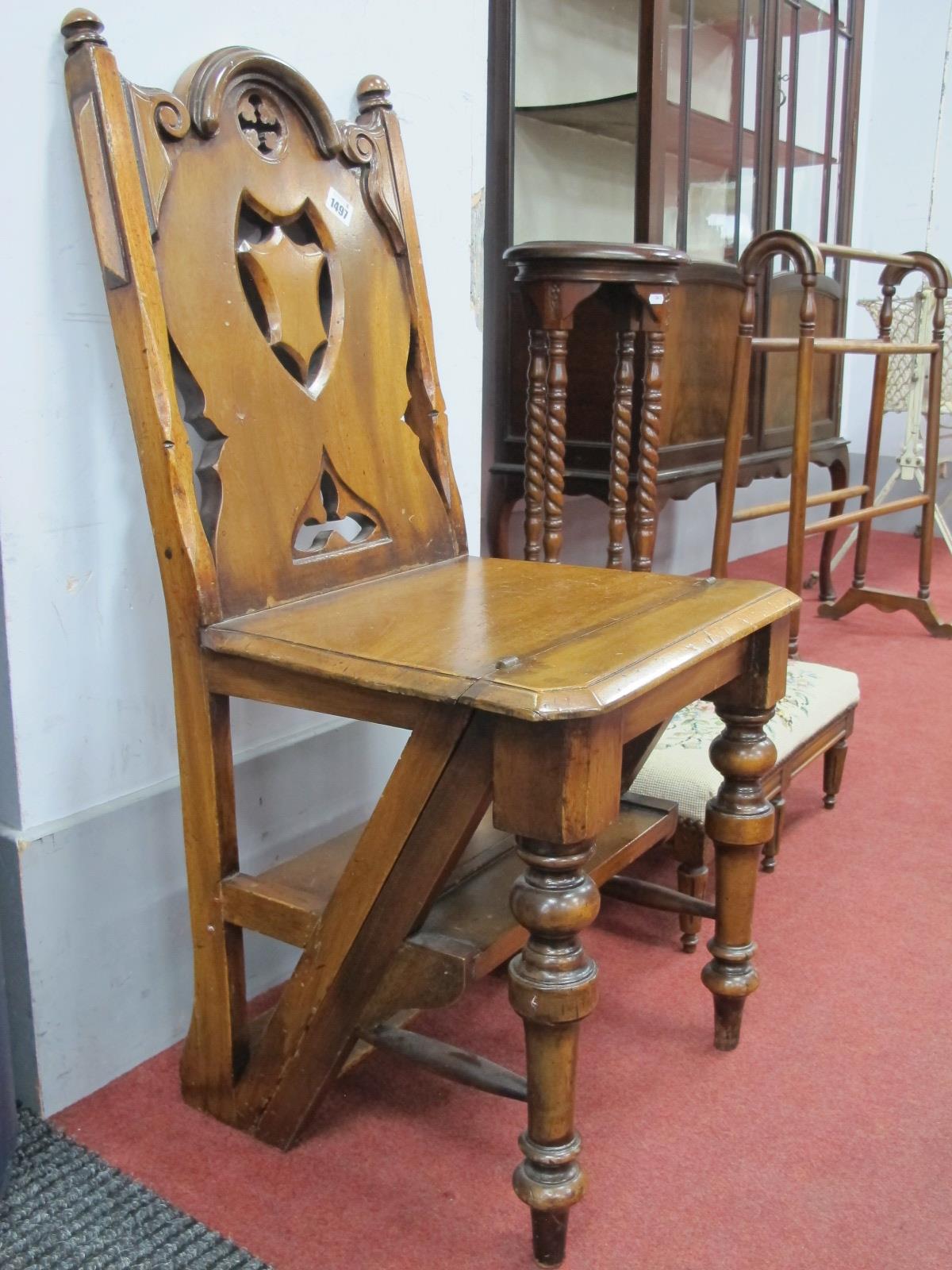 XIX Century Mahogany Metamorphic Steps, with arched top, pierced shield back and folding seat, on