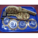 Gilt Pierced Metal Covered Brush Set, four squat candlestick, etc:- One Tray