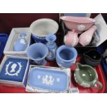 Wedgwood Jasper Ware, pink bowl and condiments, green and black jugs, powder blue wares:- One Tray.