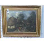 ENGLISH SCHOOL (Early XIX Century) Figure on a Country Lane Before Thatched Cottages, oil on