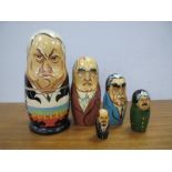 A Russian Graduated Five Wooden Doll Set as Russian Presidents, the largest 18cm.