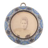 A RUSSIAN SILVER AND SHADED CLOISONNE ENAMEL PICTURE FRAME WITH GRAND DUCHESS MARIA PAVLOVNA (1854-1