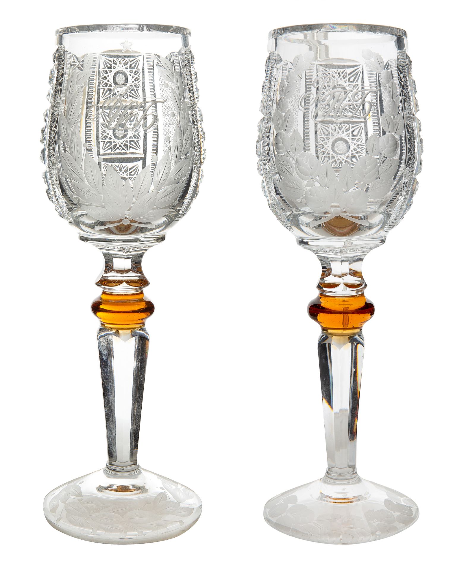 PAIR OF SOVIET CUT CRYSTAL PRESENTATION GOBLETS TO LEONID AND VIKTORIA BREZHNEVY (RUSSIAN 1906-1982